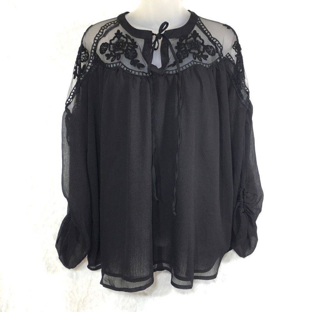 Hayden Women's Mesh Floral Lace and Sheer Peasant Blouse Size S